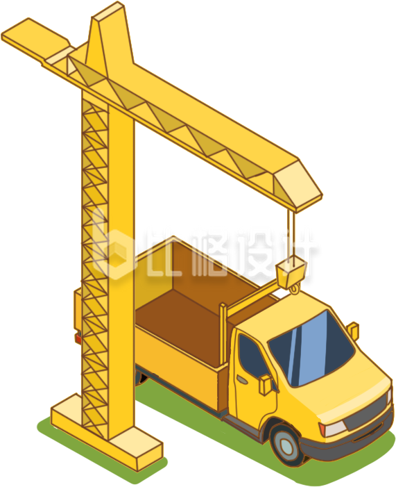 黄色手绘风工地卡车塔吊插画
