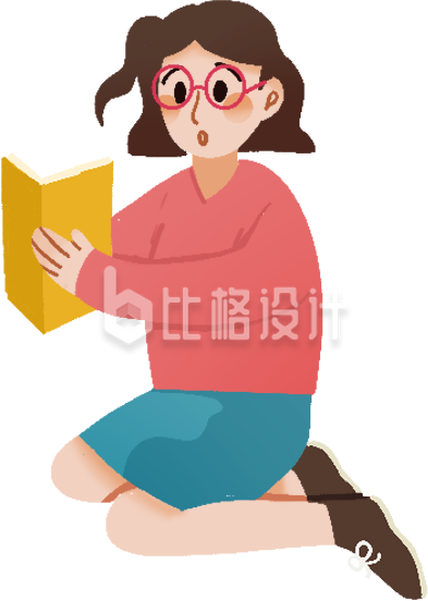 红色手绘风女孩插画读书