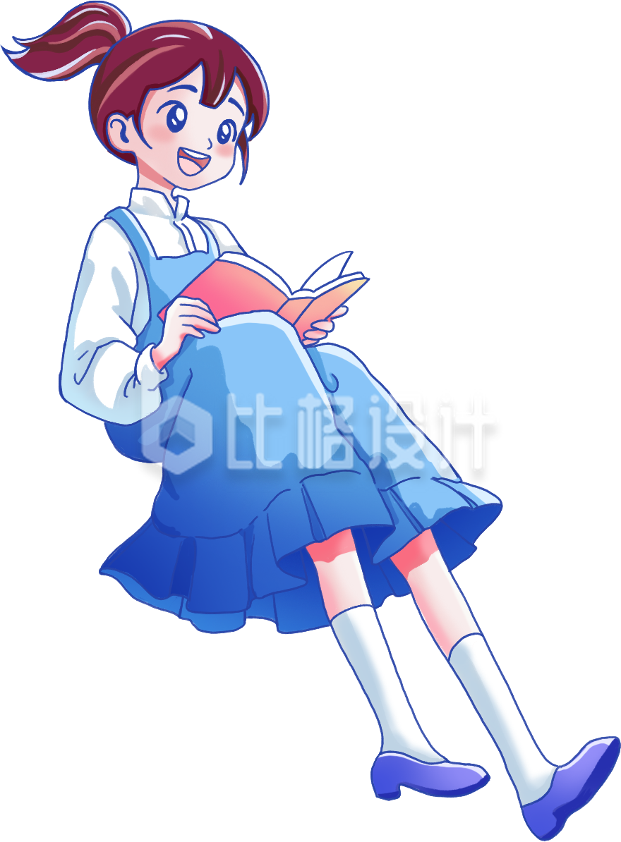 蓝色手绘风女生插画