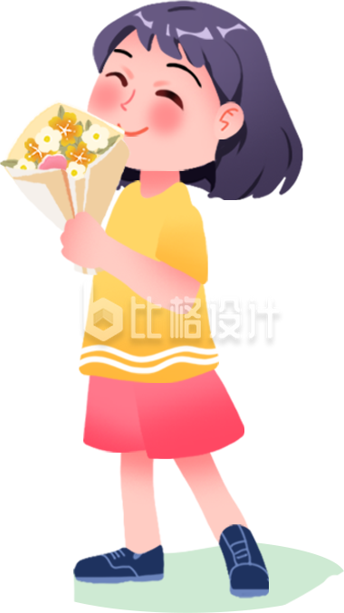 黄色手绘风女生送花插画