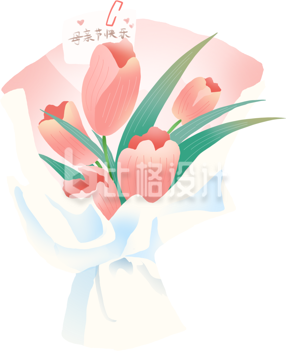 粉色手绘风花束郁金香插画节日祝福 粉色手绘风花束郁金香插画节日祝福