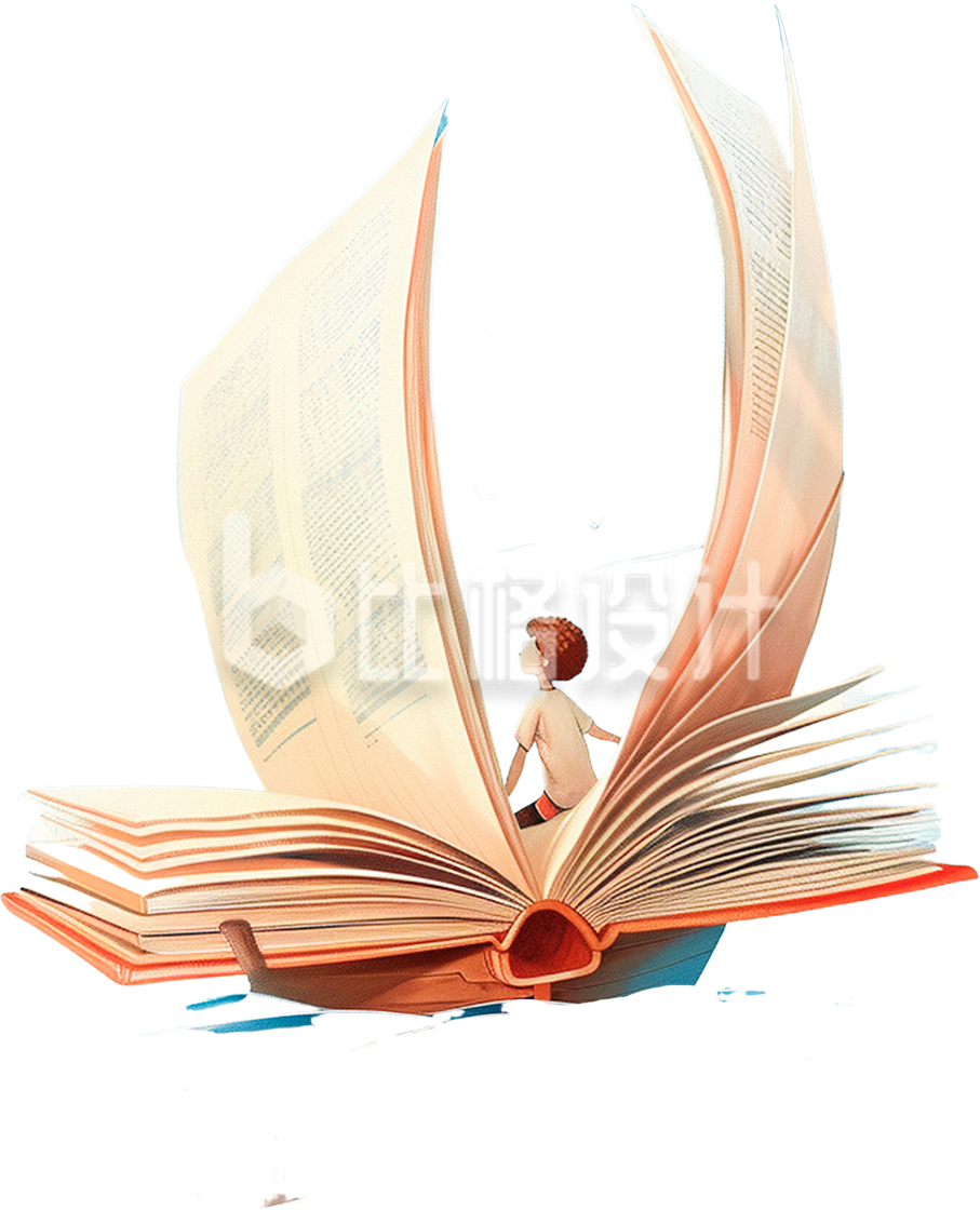 一个小男孩坐在书组成的船里