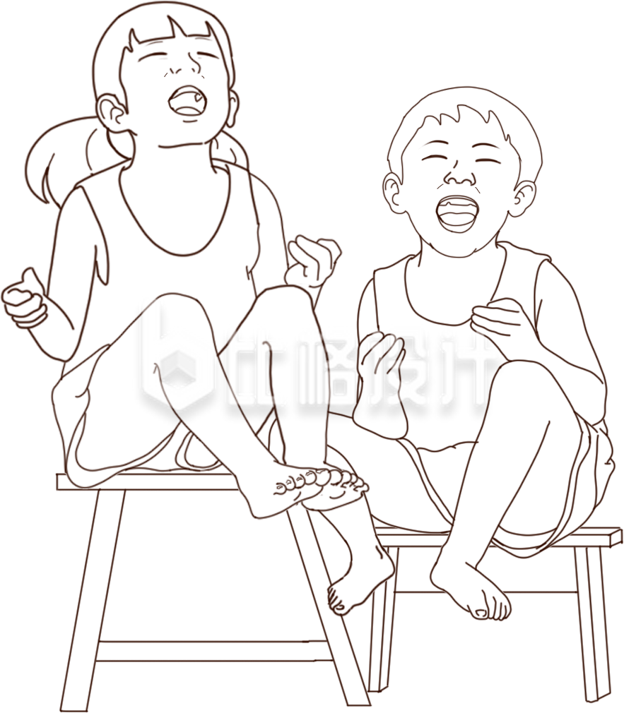 黑色手绘线条线稿男孩女孩夏季插画 黑色手绘线条线稿男孩女孩夏季插画