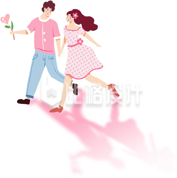 粉色手绘风情侣约会牵手插画