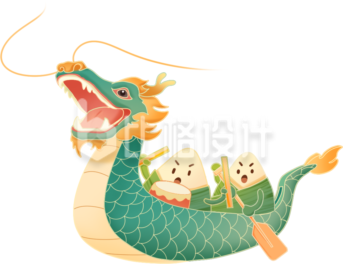 绿色手绘风端午节龙舟插画