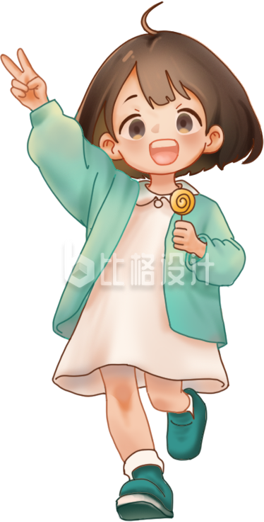 绿色手绘风女孩儿童插画