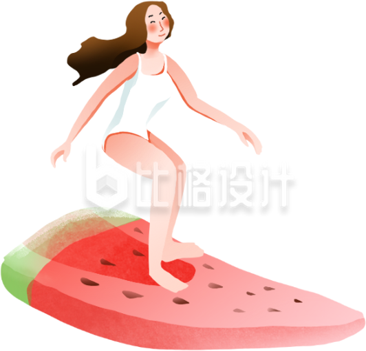 粉色手绘风女孩冲浪插画