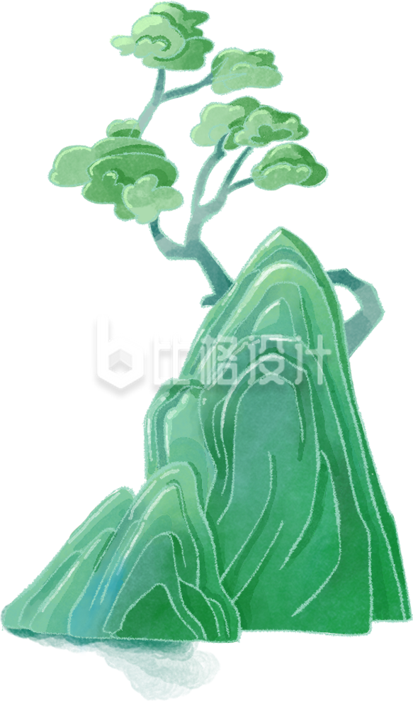 绿色手绘风假山山脉插画