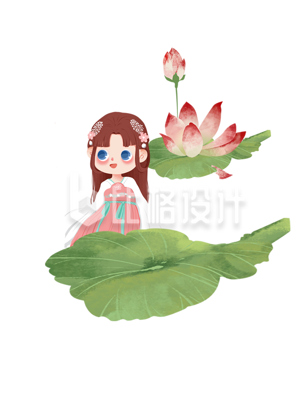 荷花荷叶小女孩汉服水墨插画手绘