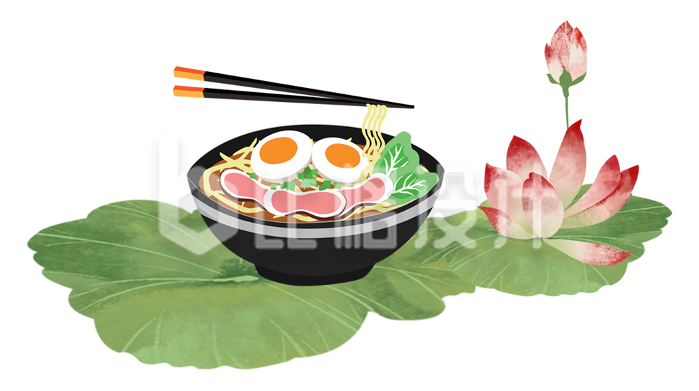 美食面条荷花荷叶手绘插画