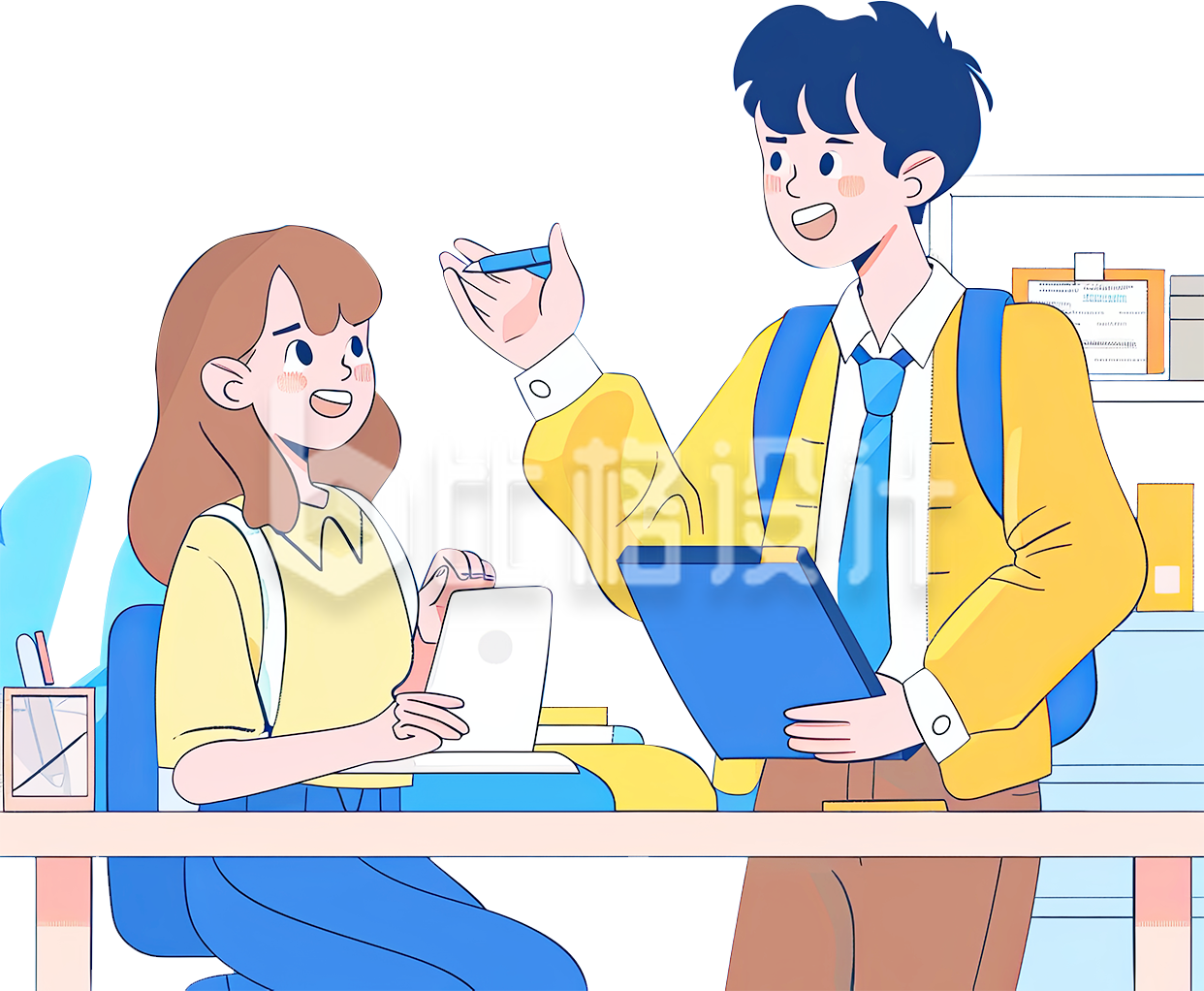 男孩女孩互相讨论的插画场景