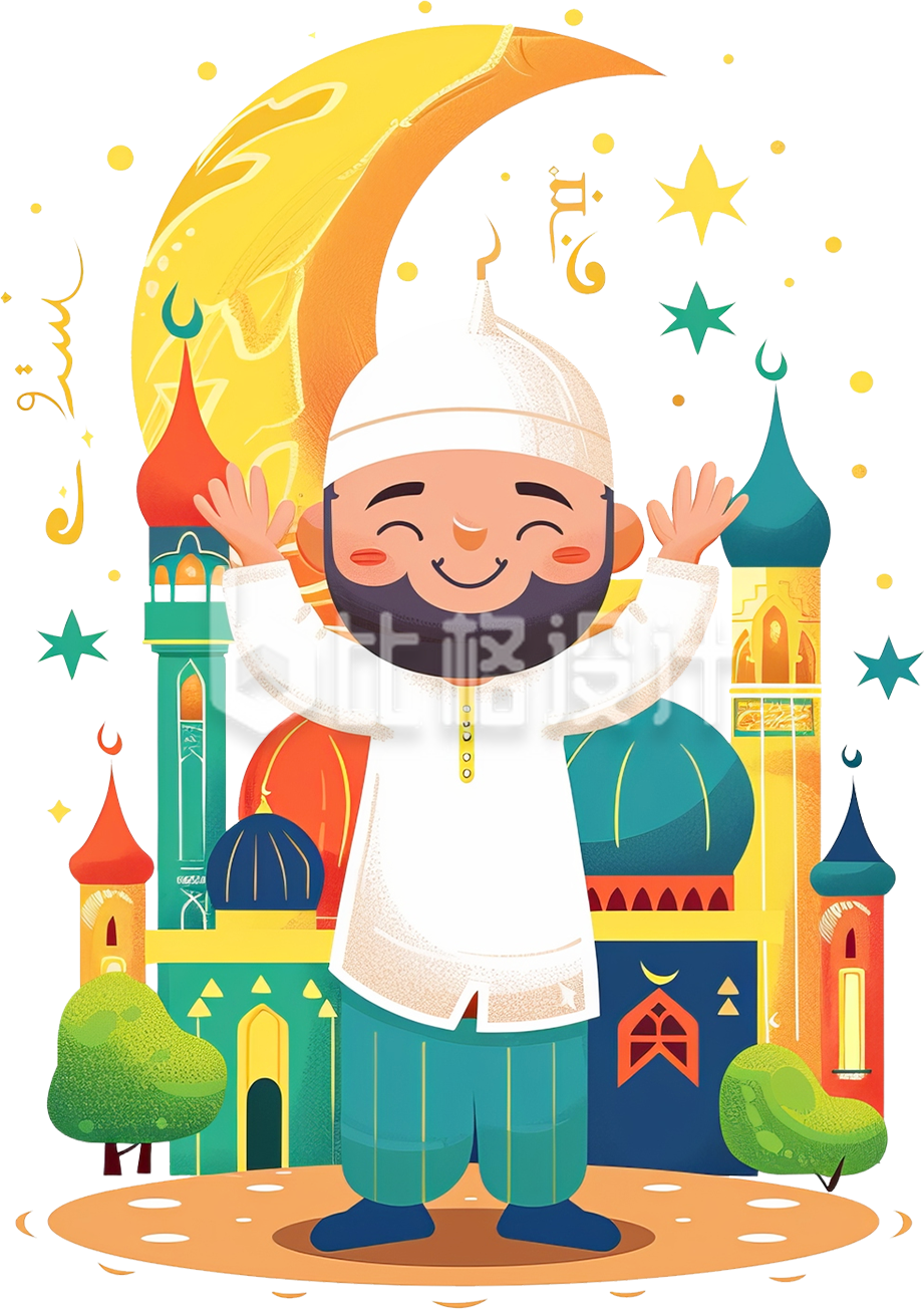 一个少数民族男孩站在寺庙举手庆祝古尔邦节的