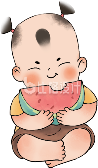 黄色手绘风小男孩插画西瓜夏季