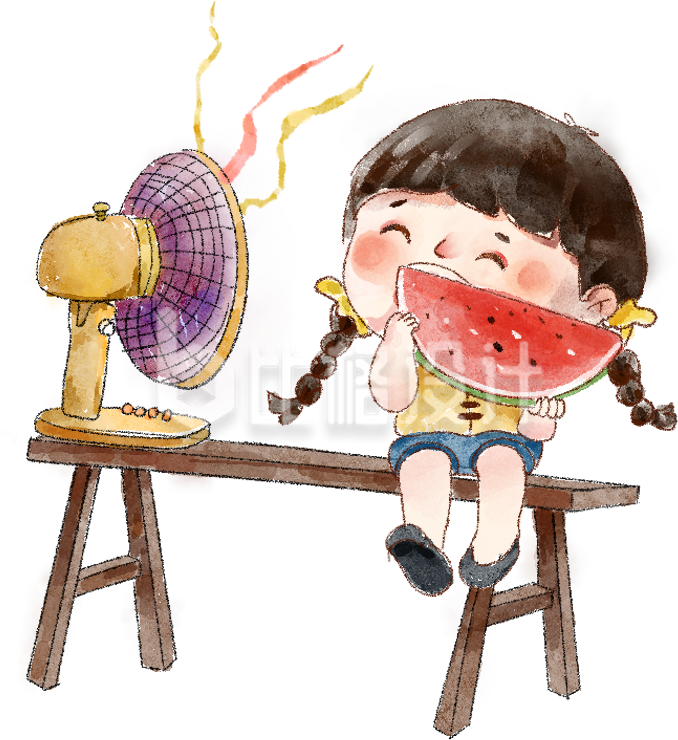 手绘风女孩西瓜夏季插画