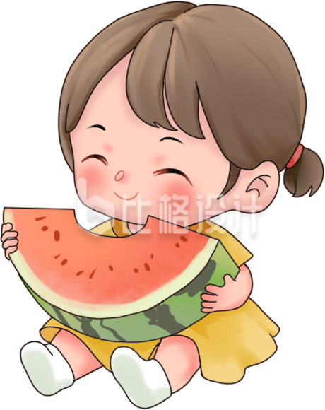红色手绘风女孩西瓜插画