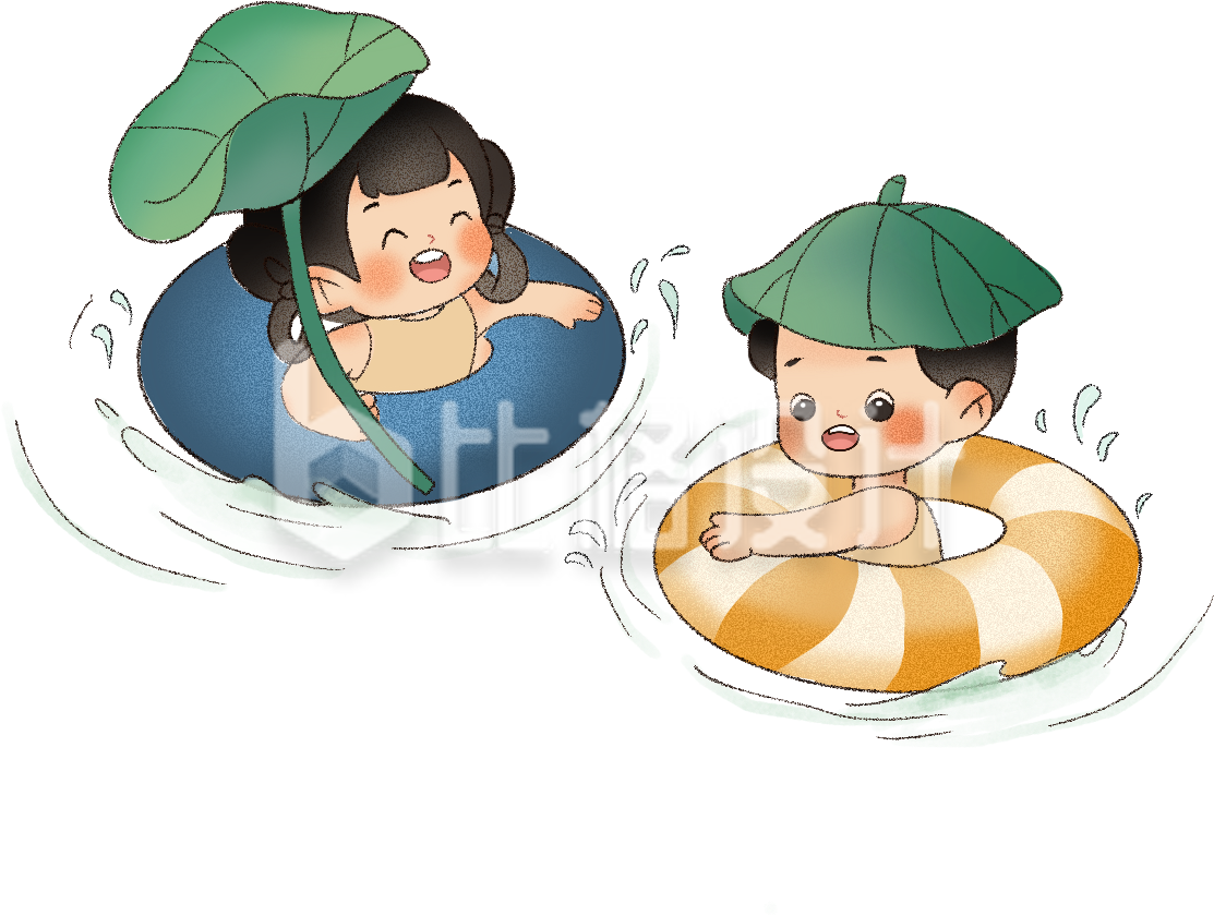 绿色手绘风儿童游泳插画