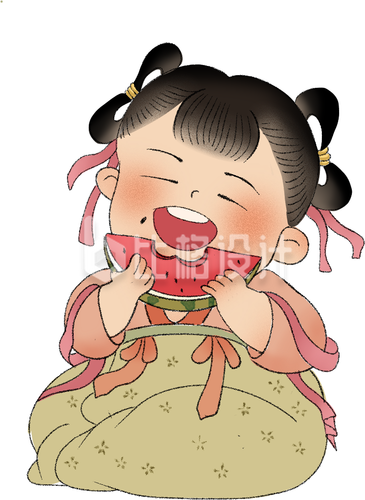 黄色手绘风女孩西瓜插画