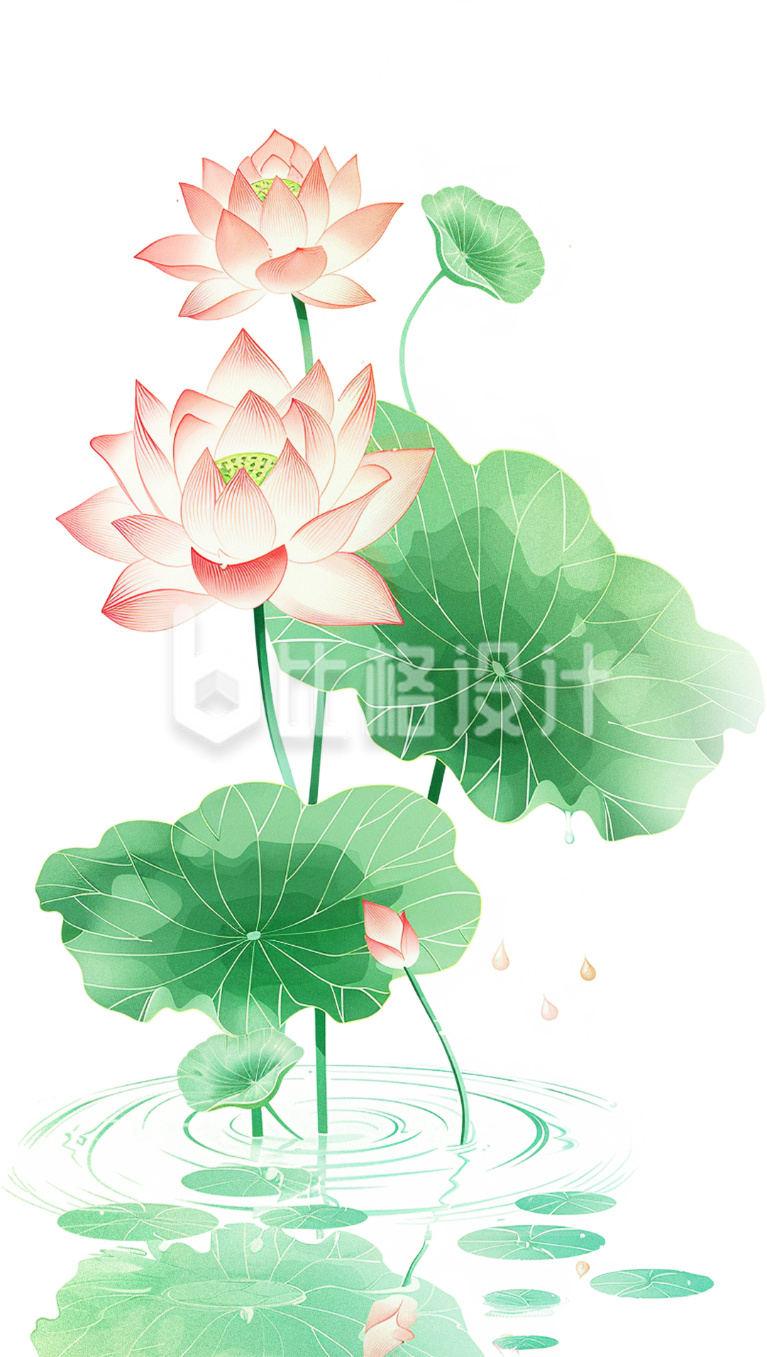 绿色的荷叶与红色的荷花在水中摇曳的场景