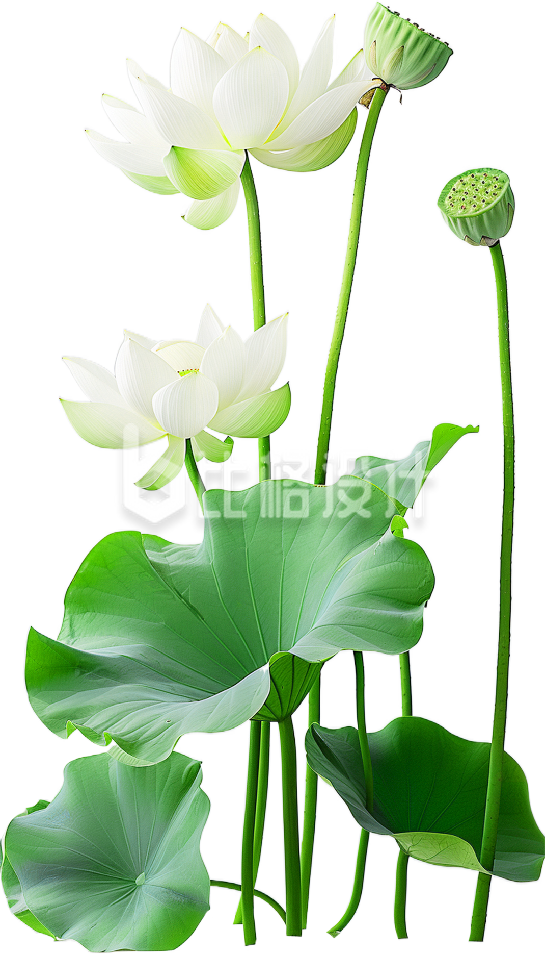 白色的莲花和叶子簇拥在一起