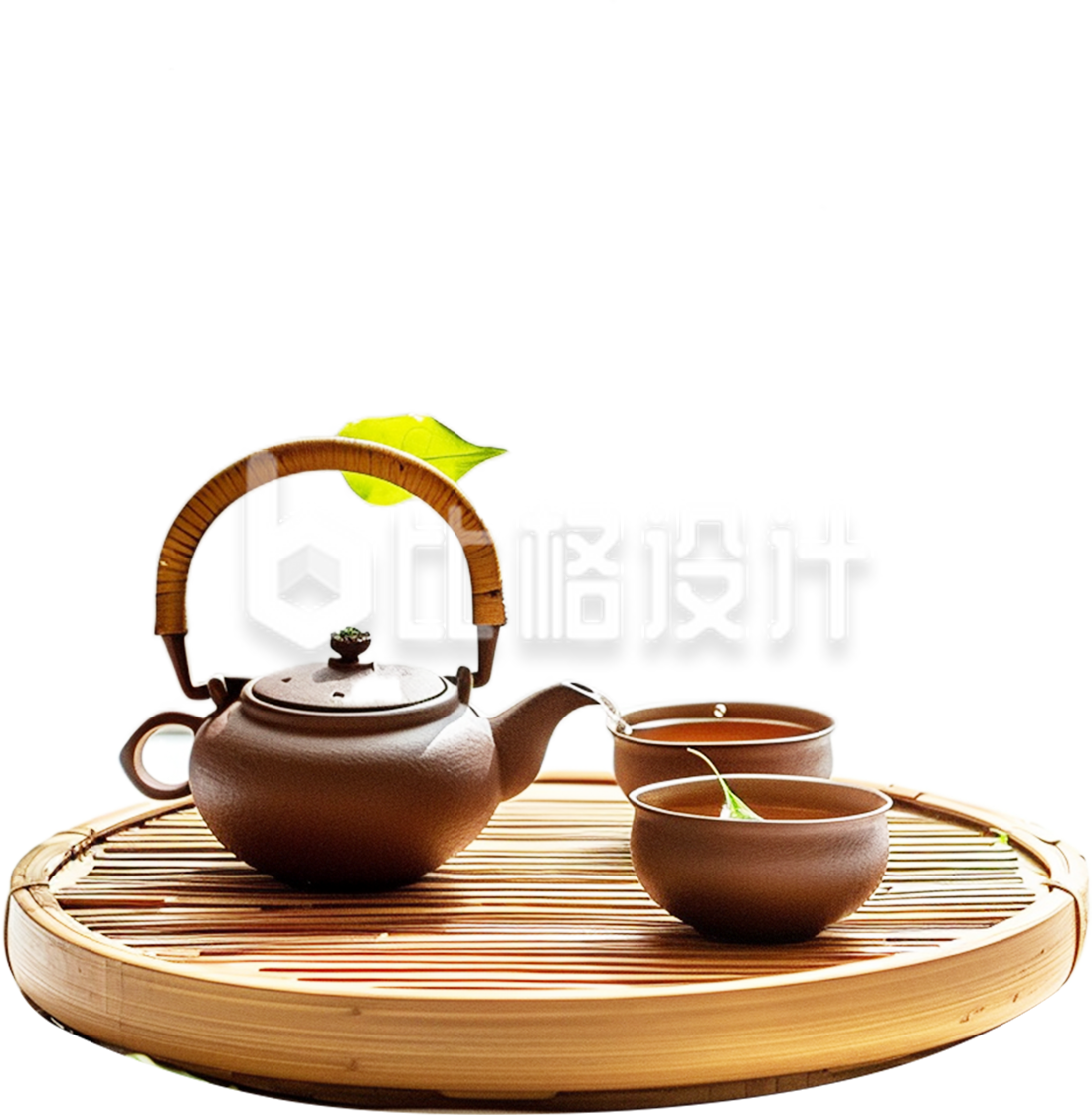 木制托盘上的茶壶和茶杯