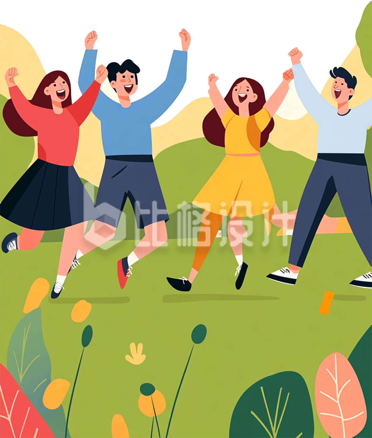 一群快乐的青年在草地上手舞足蹈