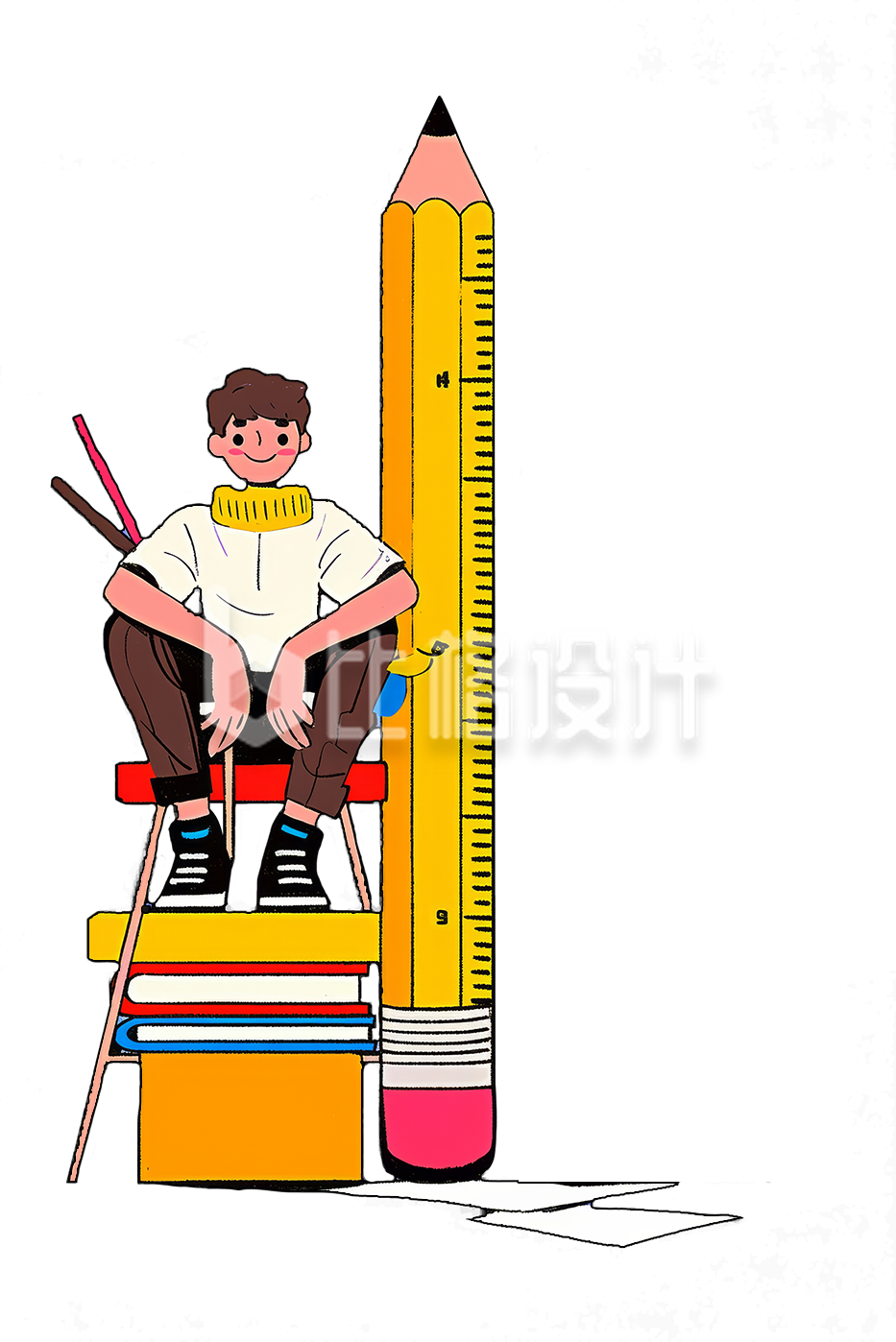 一个小男孩坐在一堆书上,旁边是超大铅笔 一个小男孩坐在一堆书上,旁边是超大铅笔