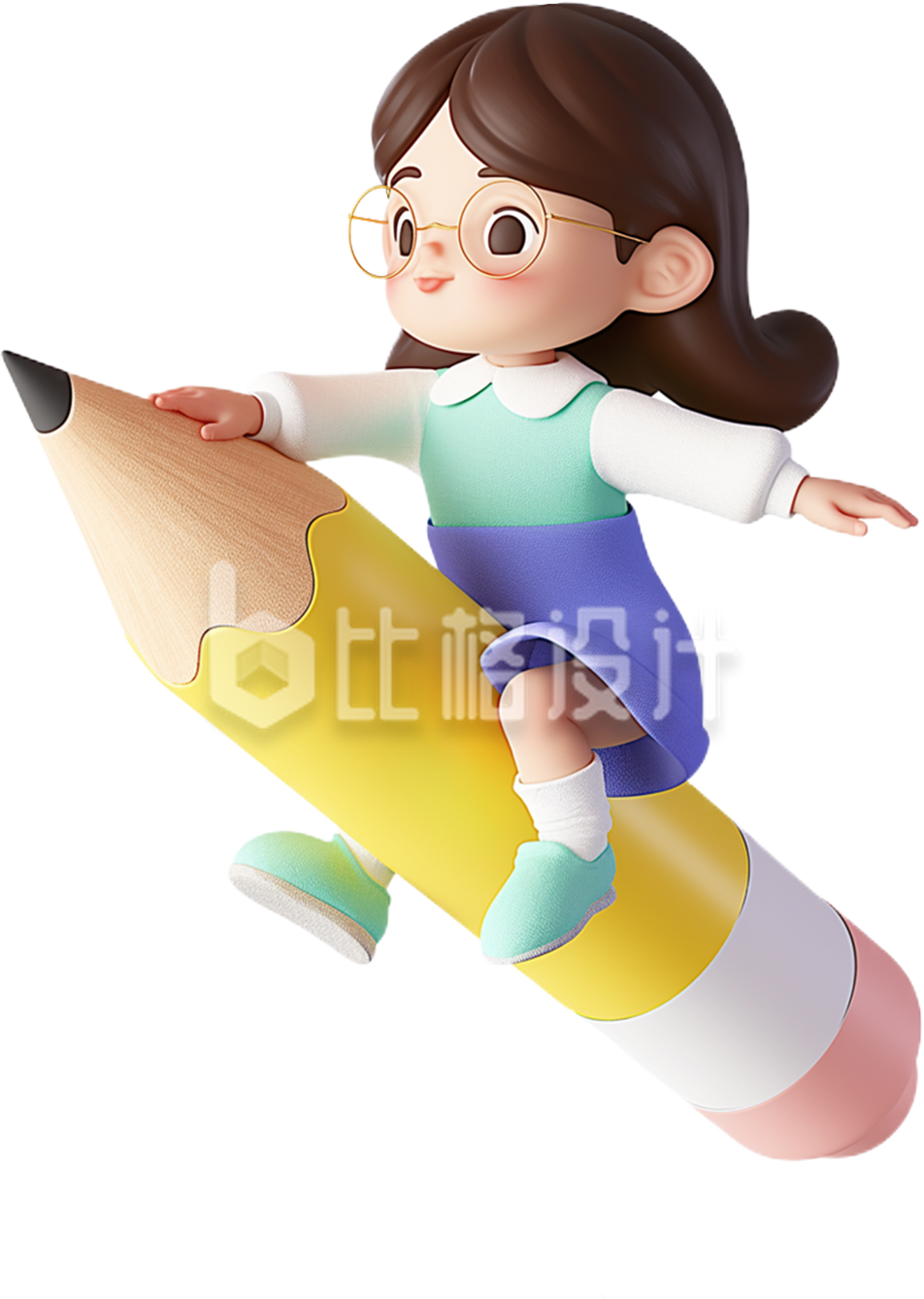 3D卡通骑在铅笔上的可爱小女孩