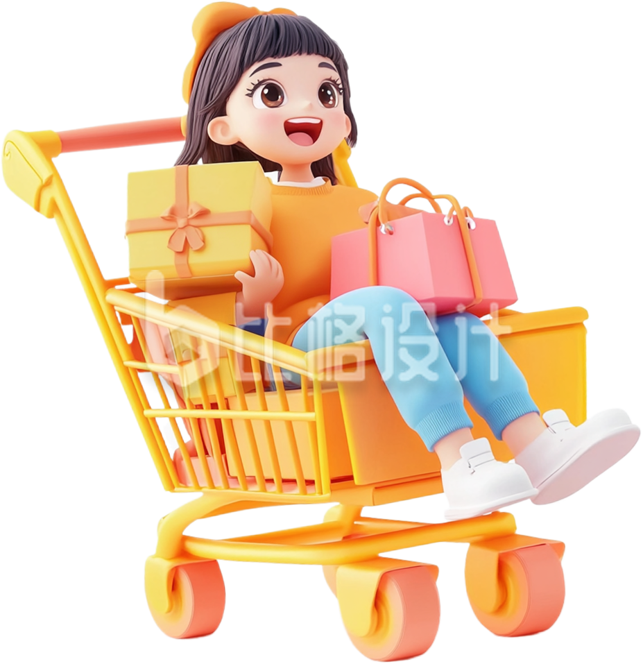 3D购物车上坐着女孩