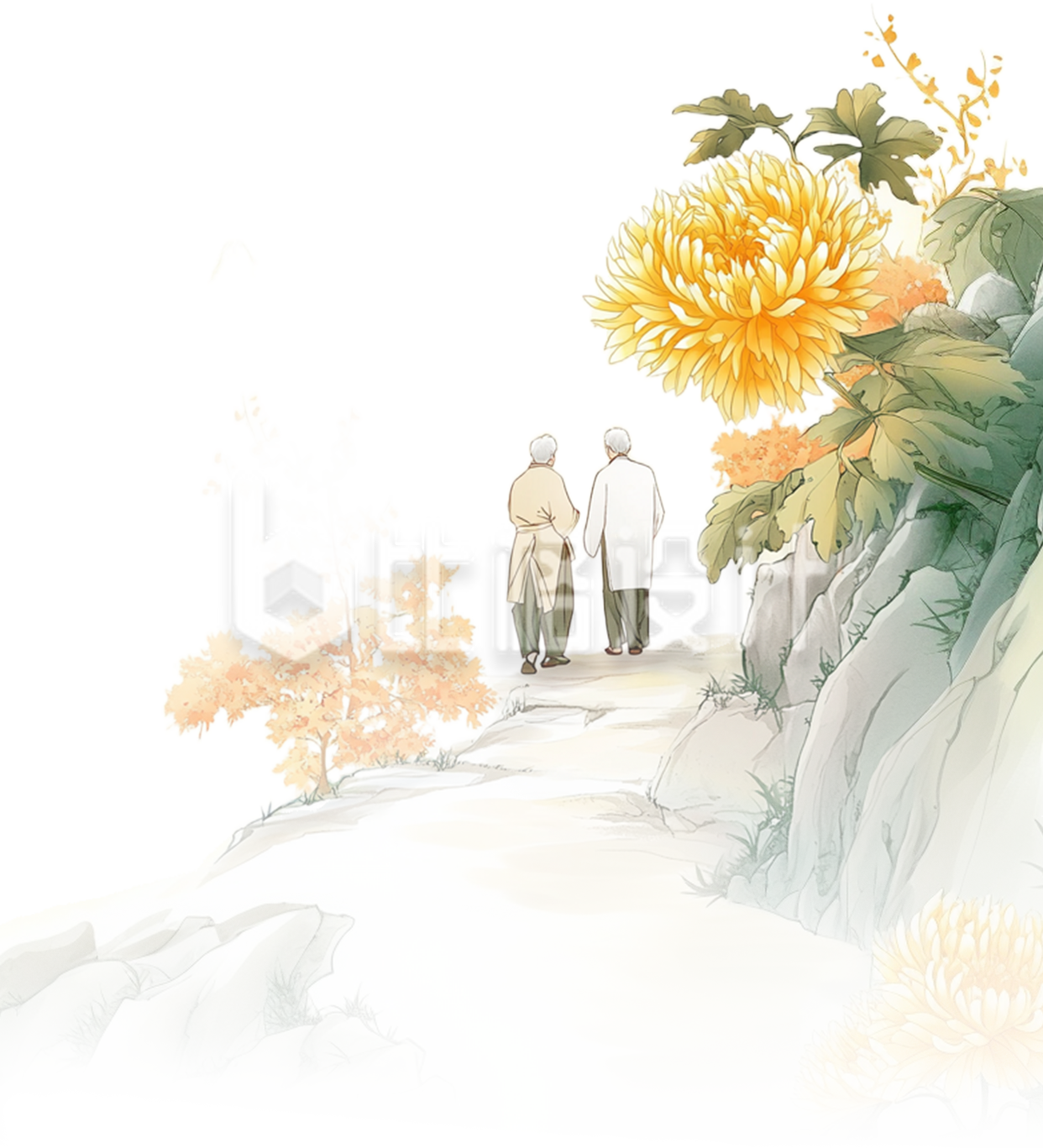 一对老人手牵手赏菊