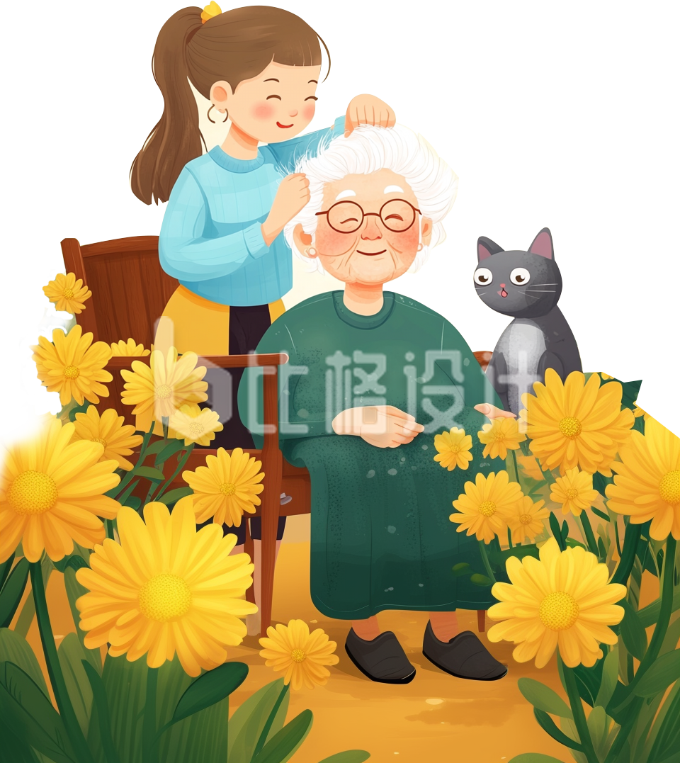小女孩给老奶奶梳头的插画场景