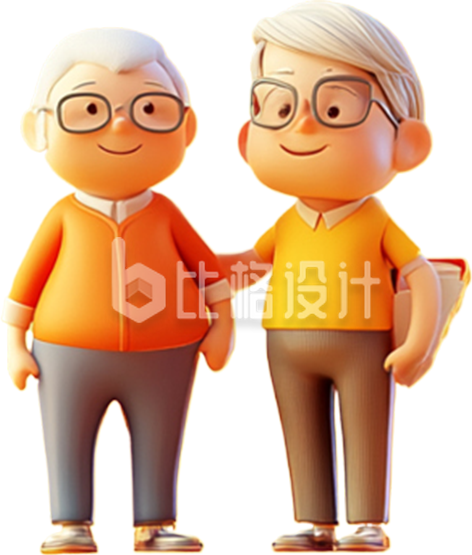 3D卡通一对手牵手的老人夫妇