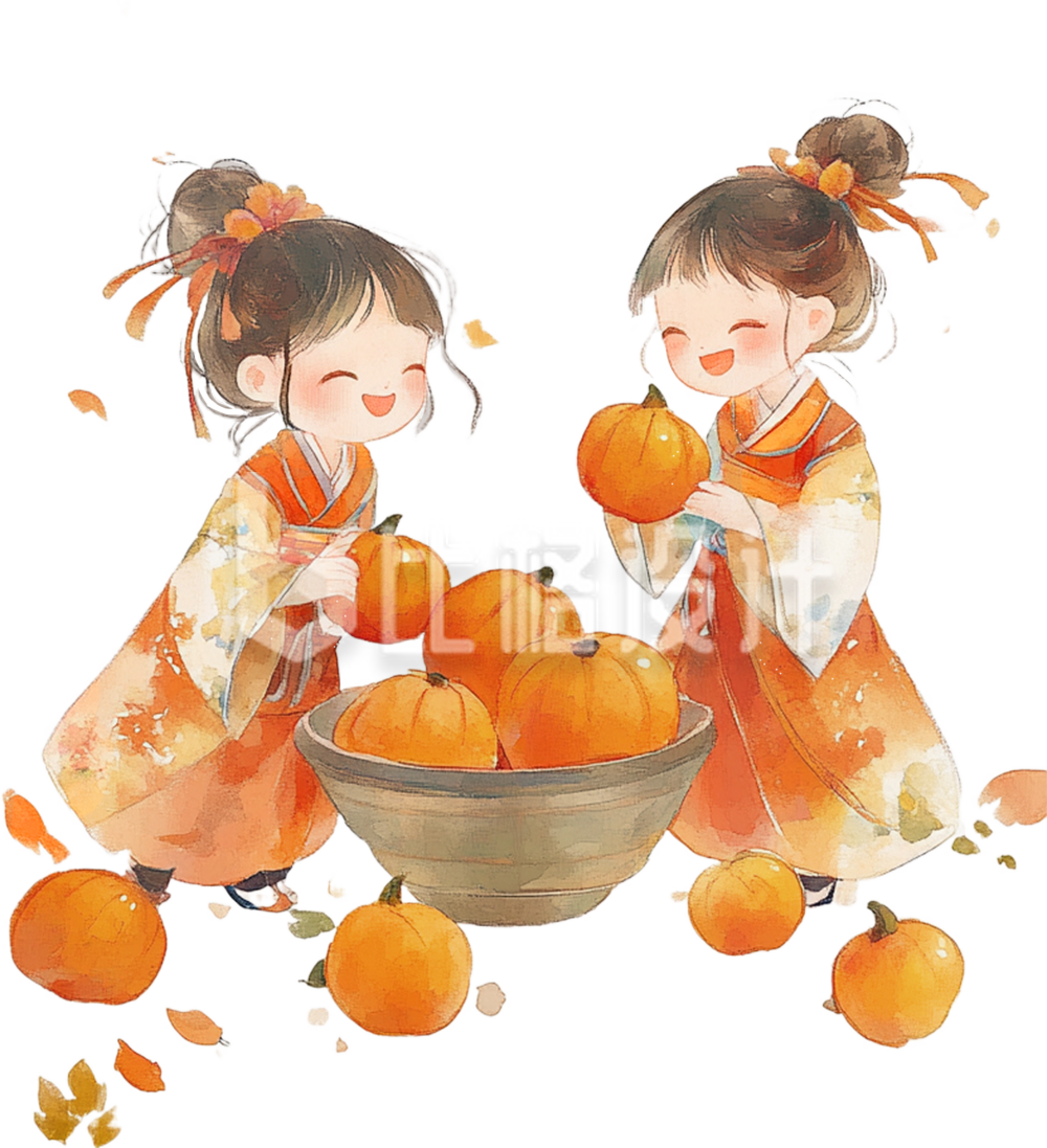 吃柿子的两个小女孩