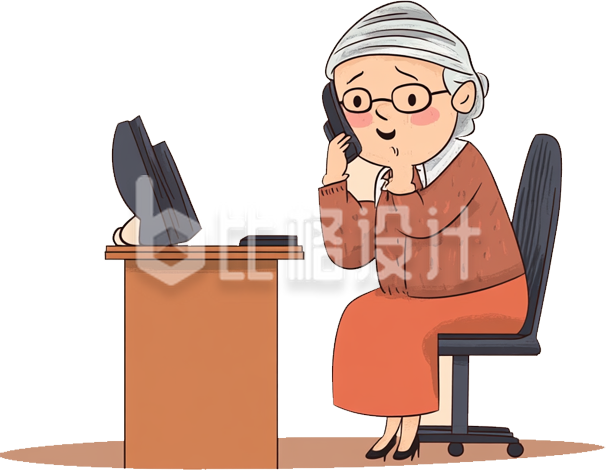 一个老人坐在电脑桌前打电话