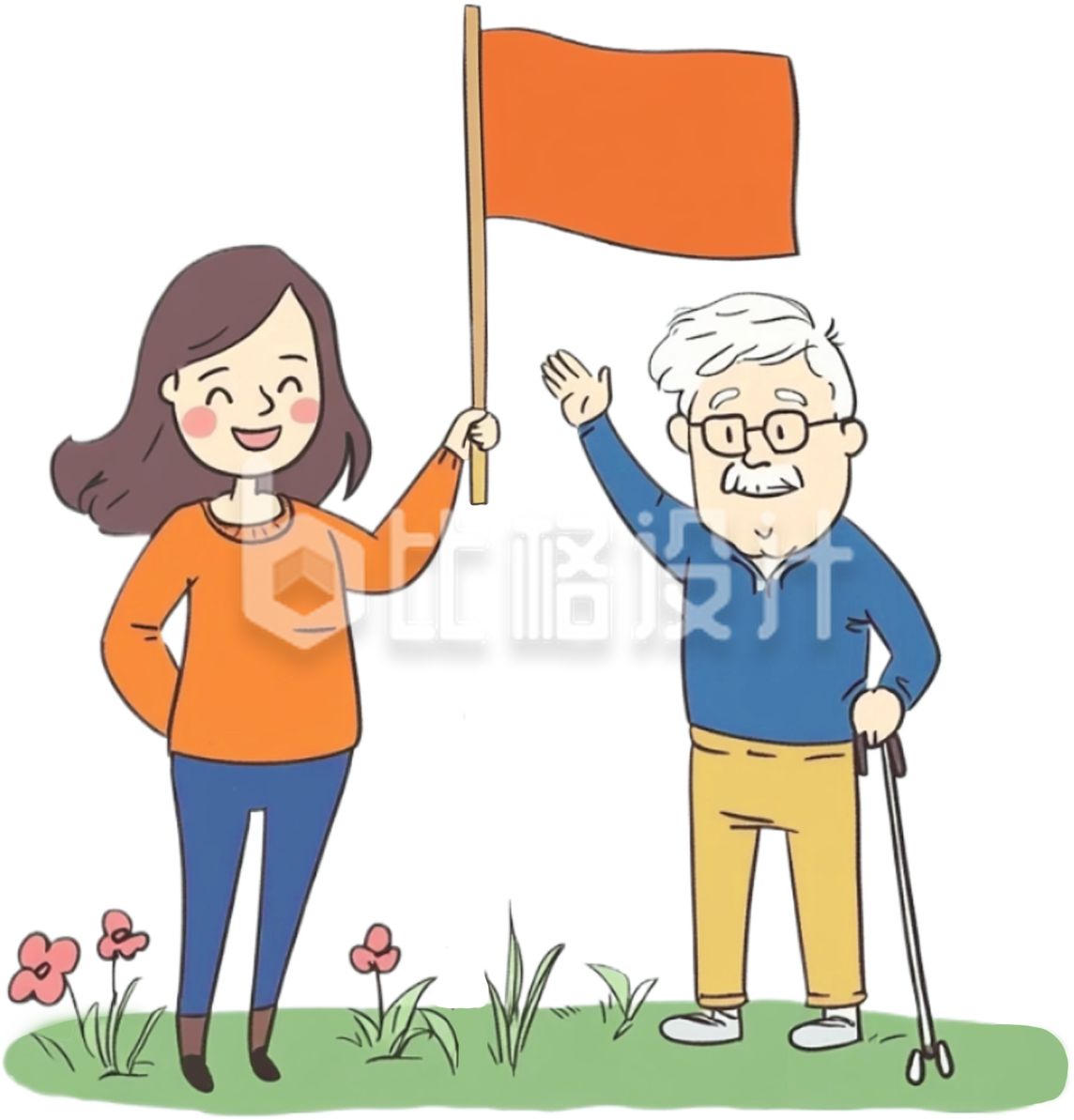 手绘女孩和老人