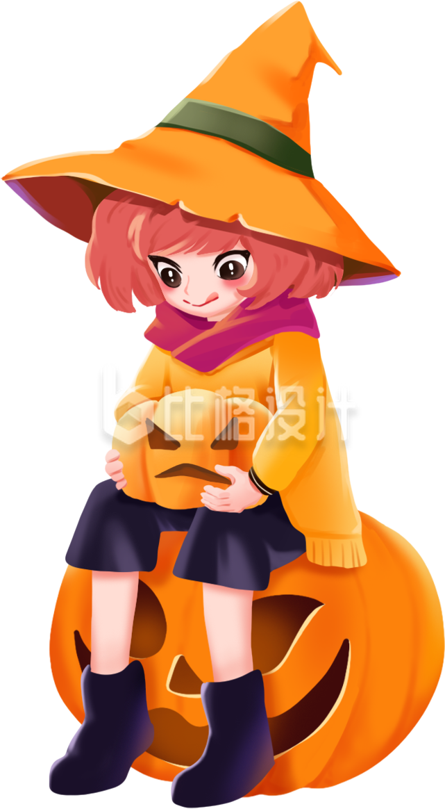 万圣节小女巫坐南瓜手绘插画 万圣节小女巫坐南瓜手绘插画
