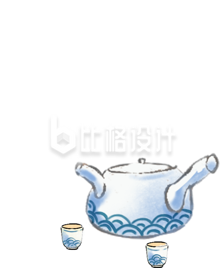 蓝色茶具手绘