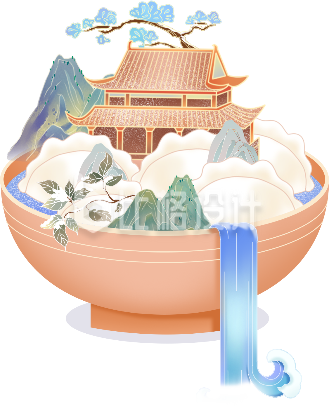 碗饺子建筑山峰手绘
