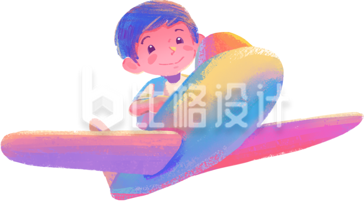 小男孩坐飞机油画风手绘