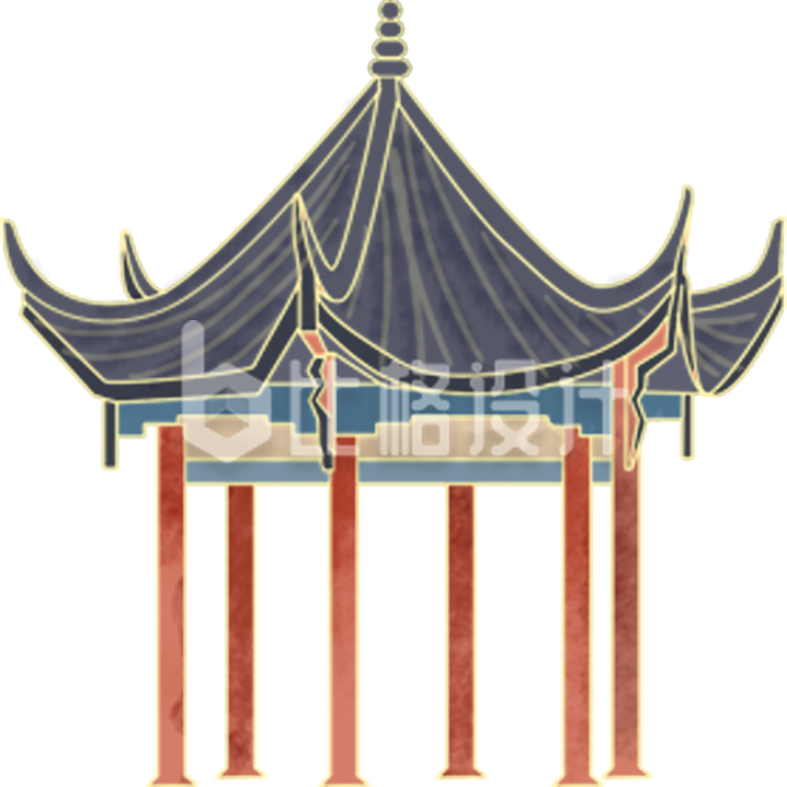 中式建筑亭子手绘