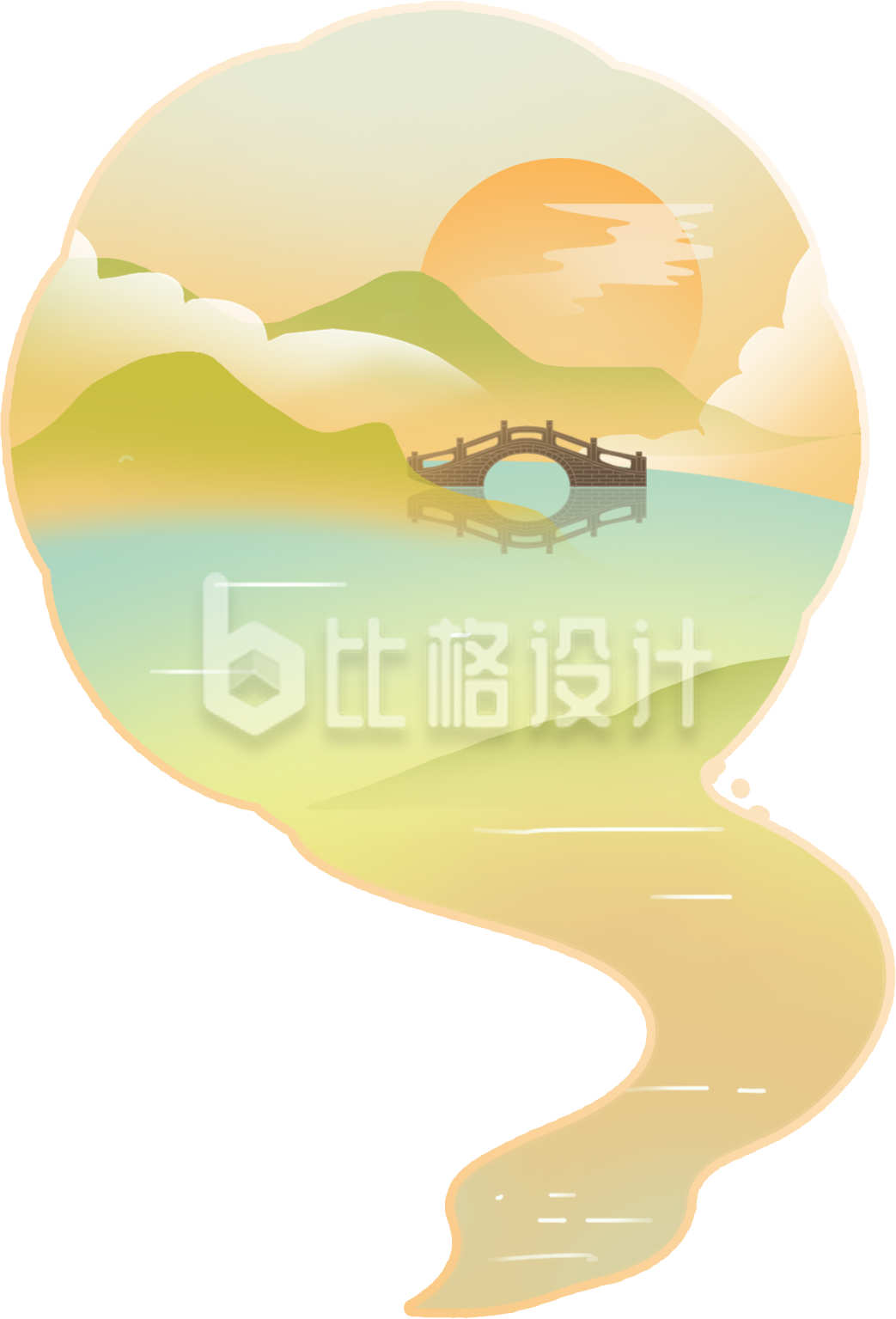 绿色寒露小桥流水插画