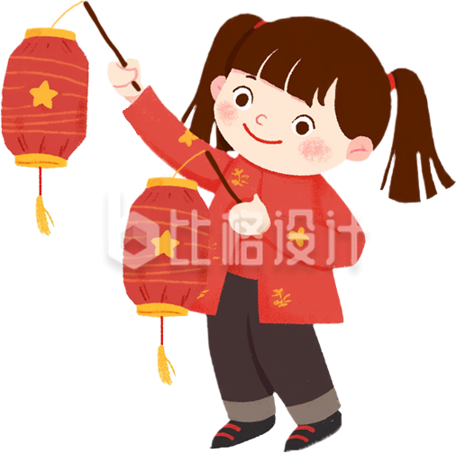 可爱小女孩手拿灯笼喜庆新年手绘插画