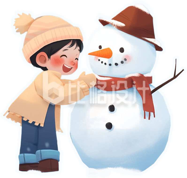 雪人小男孩手绘冬季