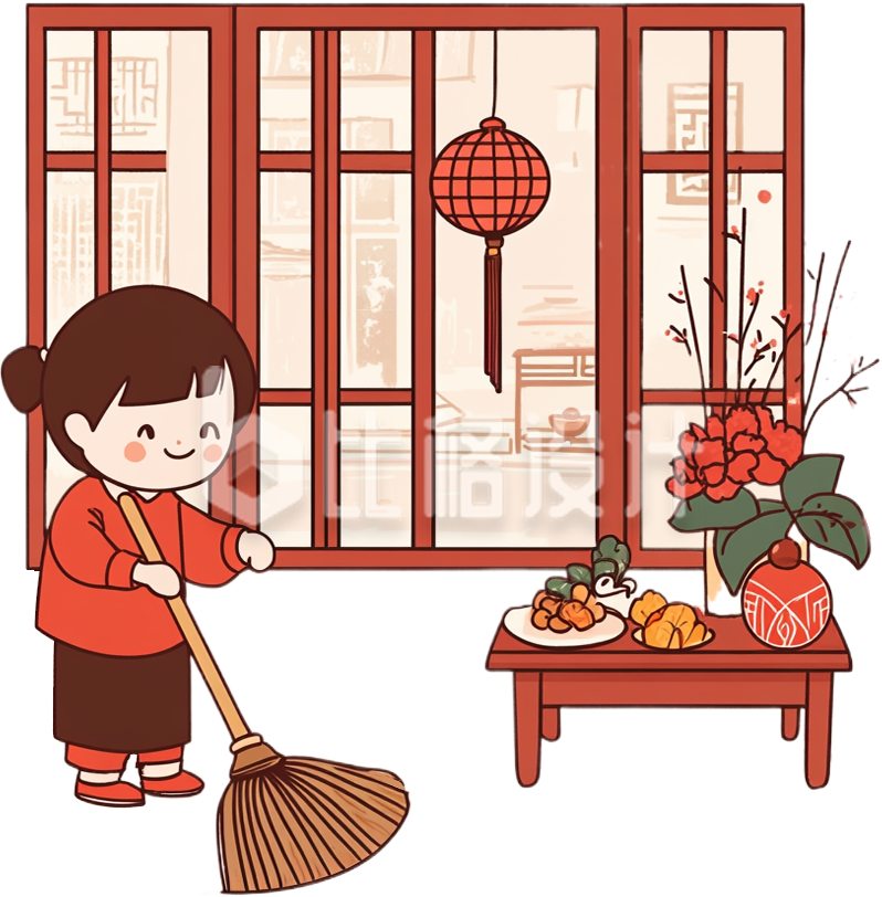 手绘小女孩打扫房屋