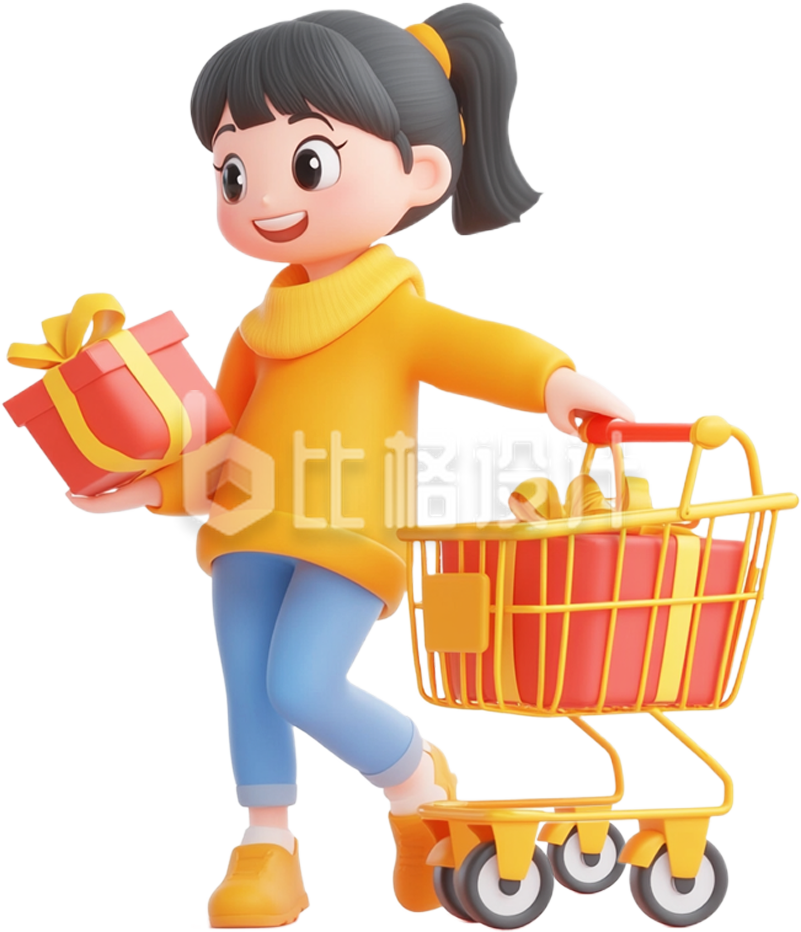 3D女孩推着购物车