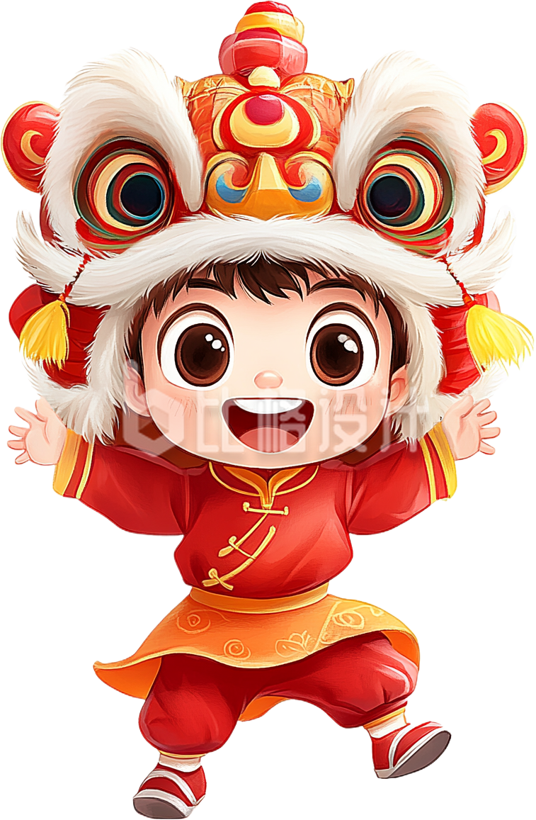 头戴狮子头红色衣服小男孩