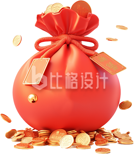 红色福袋周围散落着金币