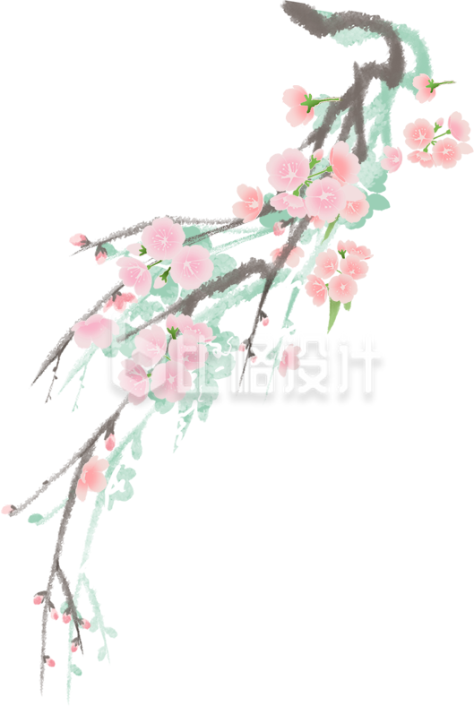 桃花树枝春日手绘插画