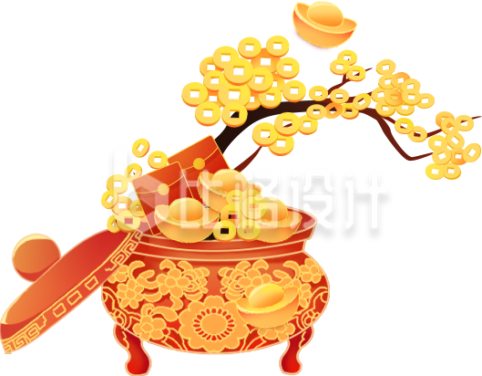 发财树聚宝盆手绘插画