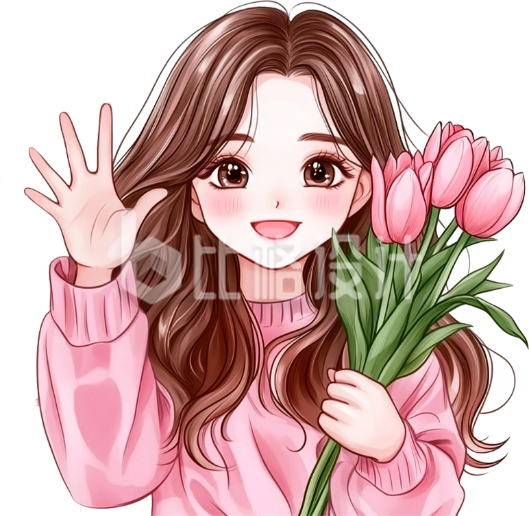 手绘粉衣服女孩手捧鲜花