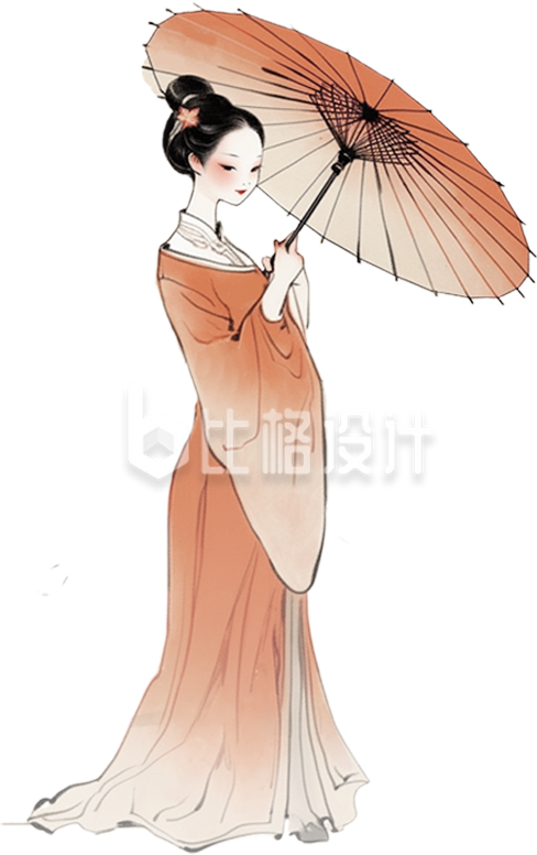 古人美少女打伞手绘插画